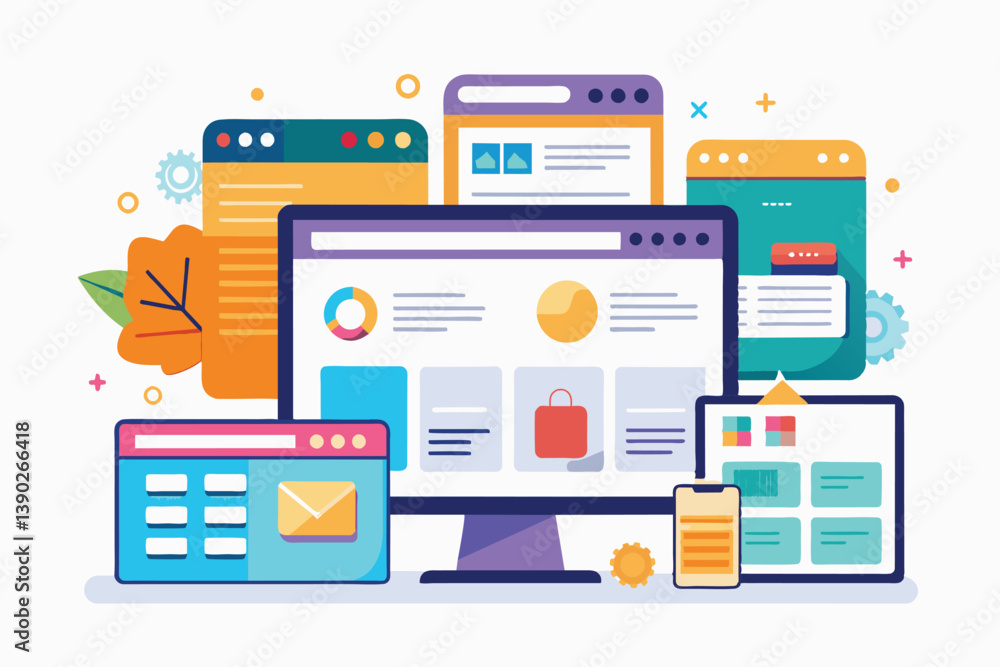 Aufkleber an illustration of multiple webpages and devices used for website design and development. the image 