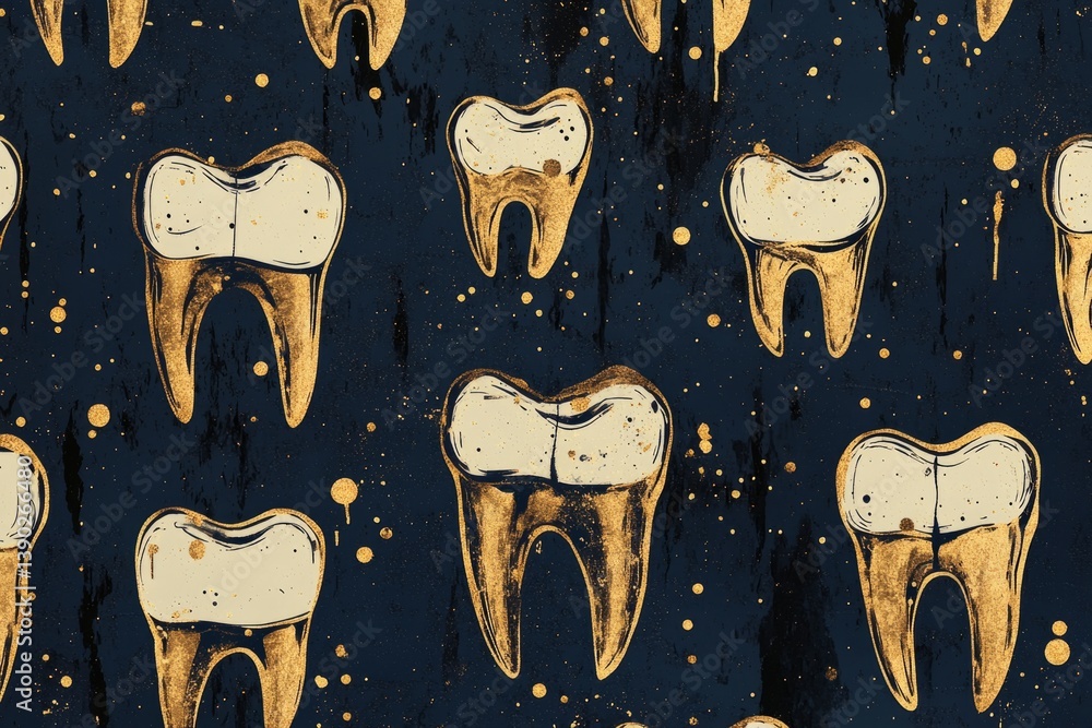 Poster golden teeth seamless pattern repeating on a dark blue background, creating a unique and stylish des