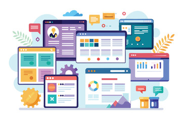 An illustration of multiple web browser tabs open on a computer screen, showcasing different websites with various types of data and information.
