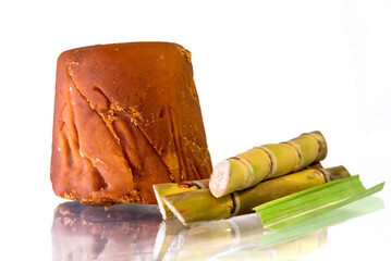 Organic jaggery and Sugar cane, Cane, Sugarcane piece fresh, Sugar cane isolated on white background