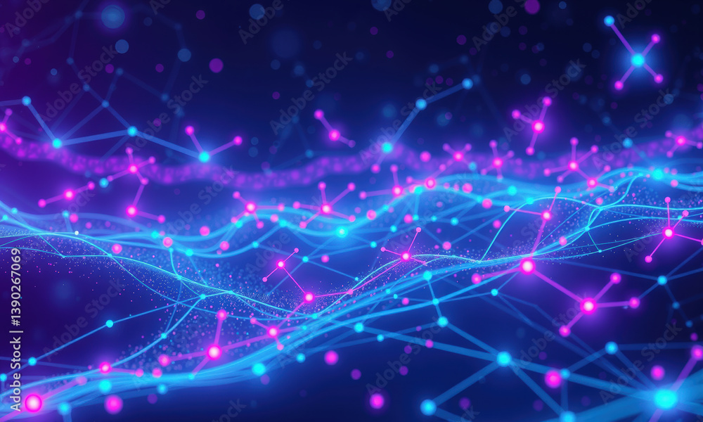 Poster vibrant digital representation of quantum data, showcasing interconnected nodes and flowing lines in