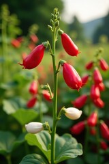 Red and white kidney bean flowers blooming in organic garden, healthy food, bio viands, nature concept,  white flowers,  nature concept