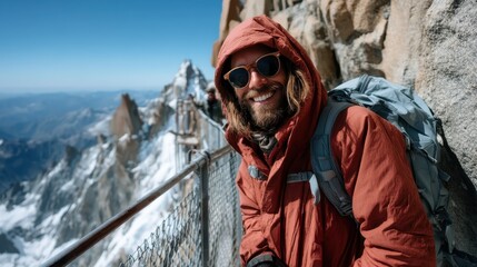 A smiling climber in orange gear poses at a mountain peak, with a scenic backdrop of snow-capped mountains and blue skies, showcasing the essence of adventure and exploration.