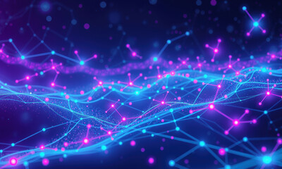 Obraz premium vibrant digital representation of quantum data, showcasing interconnected nodes and flowing lines in shades of blue and pink, evoking sense of advanced technology and innovation