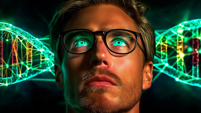 Visionary Scientist: A contemplative portrait of a scientist with glasses, illuminated by a neon glow of DNA strands, suggesting breakthroughs in science and technology.  - Powered by Adobe