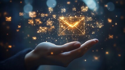 Email marketing concept hand holding digital envelopes for newsletter and communication strategy