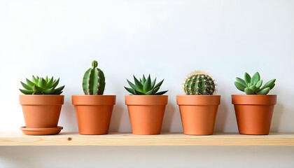 Five different succulents and cacti in terracotta pots on a light-colored wooden shelf