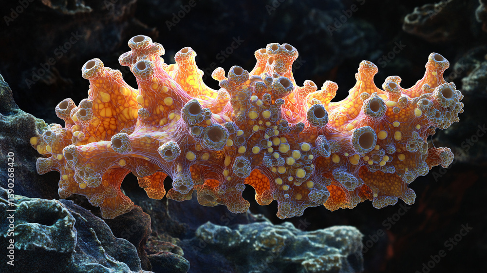 Poster intricate 3d visualization of a viral particle surrounded by digital elements