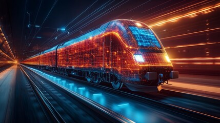 Naklejka premium High speed smart train equipped with advanced automation technology is traveling rapidly on urban rails at night. The train showcases vibrant digital patterns representing connectivity.