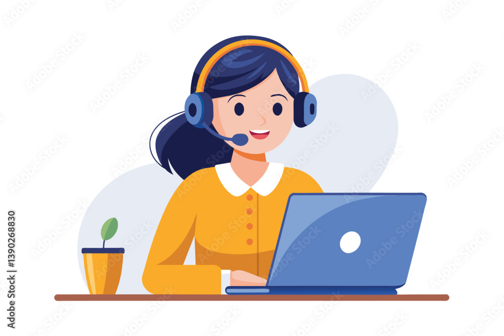 Poster a cartoon illustration of a smiling customer service representative wearing a headset and using a la
