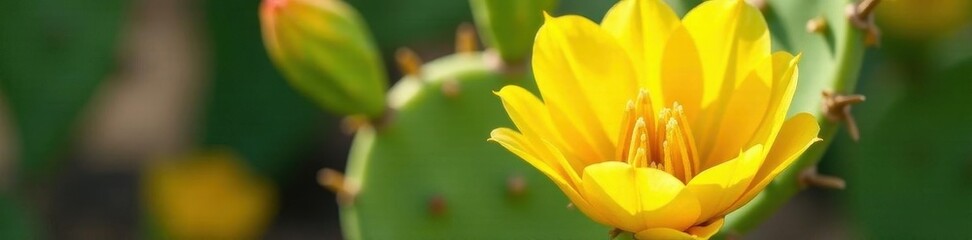 Vibrant yellow prickly pear blossom, close-up, spines, wildflower