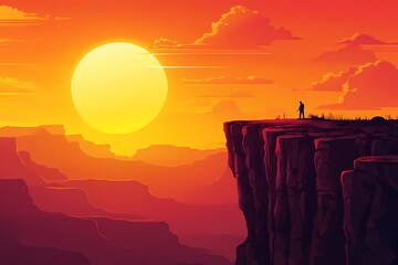 Epic Adventure at Sunset: A Dramatic Landscape Illustration of Exploration and Freedom