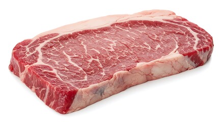 Raw beef steak, fresh red meat, marbled texture, white background