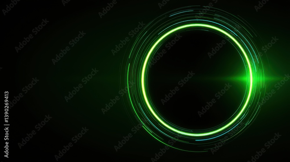 Poster green neon frame in shape of circle,consisting of several lines glowing with laser light on dark bac
