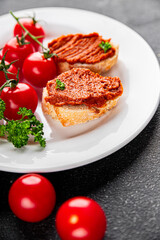 Pepper pate dip red pepper roasted vegetable hummus appetizer vegetable dish fresh gourmet food background on table rustic food top view copy space