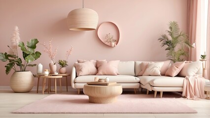 A cozy living room with neutral tones features a beige sofa adorned with textured and patterned throw pillows