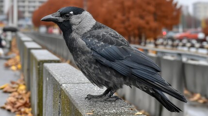 A striking image of a crow perched gracefully on a stone railing, showcasing its sleek feathers and keen gaze, amidst a backdrop of falling autumn leaves and vibrant colors.
