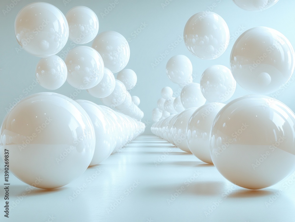 Poster a composition of various white spheres in a minimalist and artistic style.