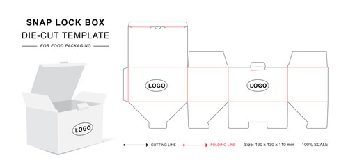 Box die cut template with snap lock and 3D blank vector mockup for food packaging