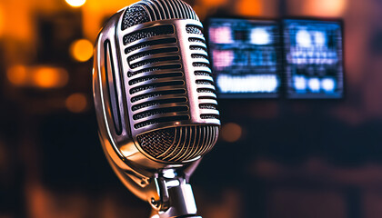Vintage Silver Microphone in Recording Studio with Warm Lighting