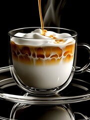 An image of a latte coffee in a clear glass cup standing on a glass saucer. Perfect for coffee blogs, coffee drink ads, and food and drink related projects.