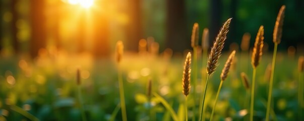 Macro image of wild grass in forest at sunset with shallow depth of field, creating an abstract summer nature background with vintage filter,  nature,  summer