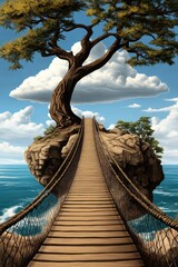 Pixel Art Wooden Bridge to Island with Tree under Cloudy Sky