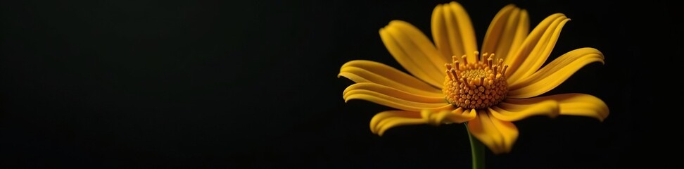 Macro shot of a vibrant yellow metal flower against a dark black background,  detail,  modern