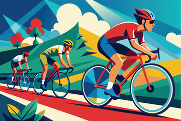 A digital illustration depicting three cyclists racing through a vibrant landscape with blue skies, green hills, and colorful geometric patterns.