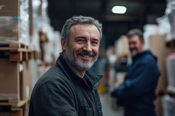 Fototapeta premium Smiling portrait of male warehouse workers and managers working in a warehouse