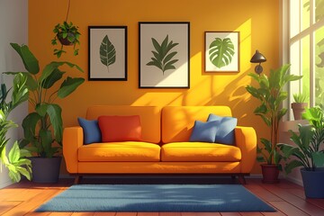 Modern Living Room with Colorful Furnishings and Plant Decor: Cozy Urban Jungle in Stylish Home Interior Design