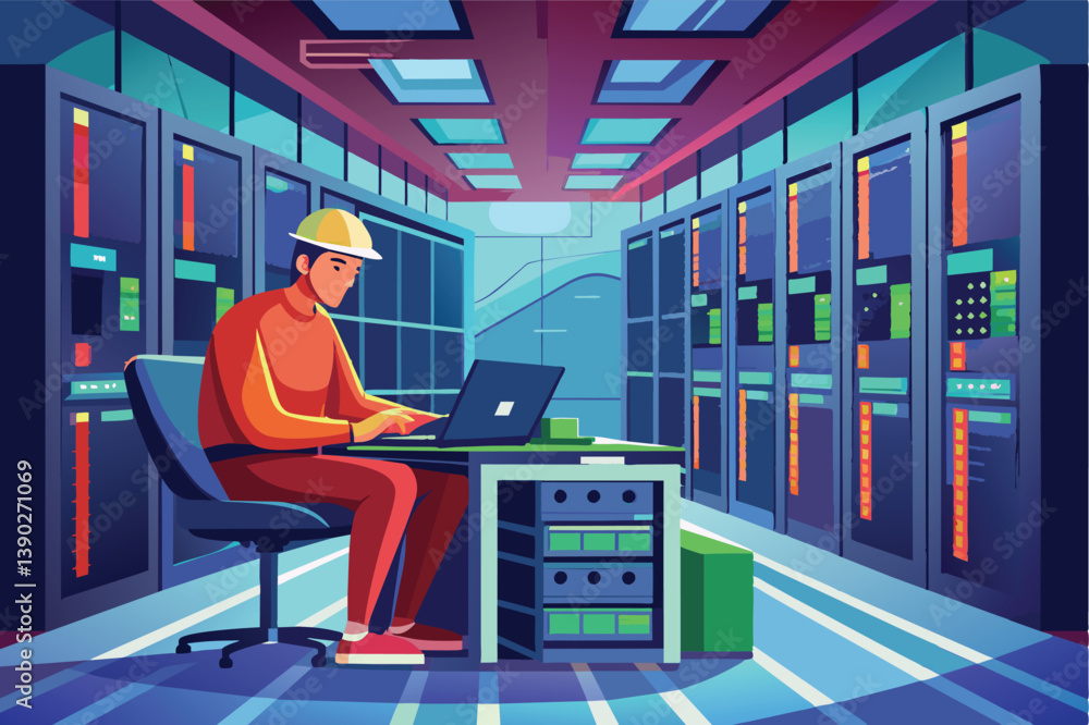 Poster a technician wearing a hardhat sits at a desk, working on a laptop in front of a row of servers in a