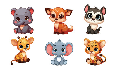 Fototapeta premium Set of cartoon characters of baby animals. Set of baby animal icons isolated on white background. Cartoon characters design. Color illustration of wild animal world. Vector illustration