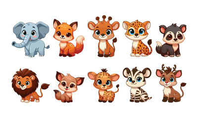 Fototapeta premium Set of cartoon characters of baby animals. Set of baby animal icons isolated on white background. Cartoon characters design. Color illustration of wild animal world. Vector illustration