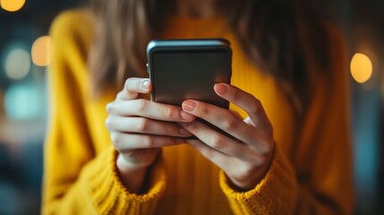 Woman using mobile phone for social media browsing and online shopping in cozy yellow sweater indoors