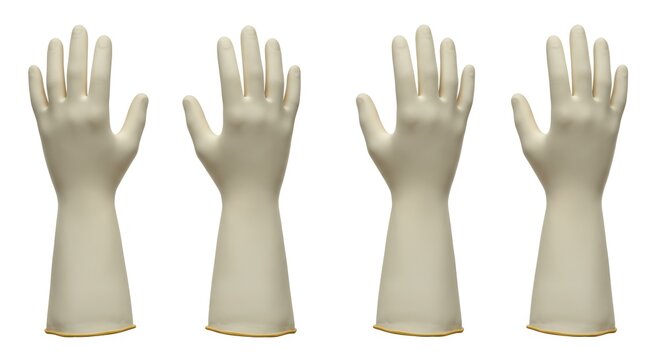 Four pairs of sterile butyl rubber gloves against a stark white backdrop
