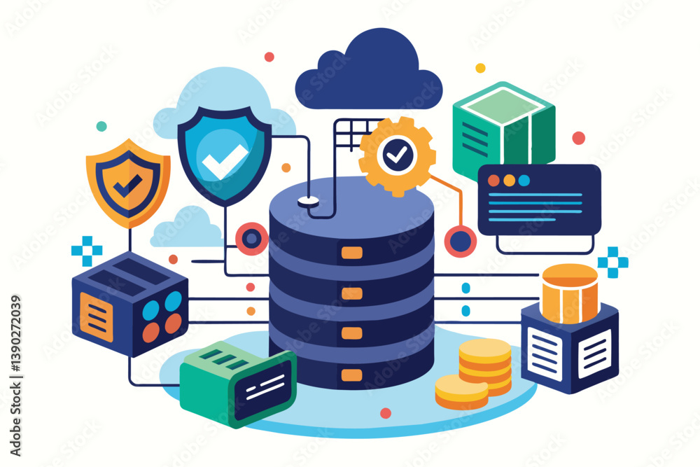 Poster illustration depicting a secure cloud database system with integrated security and monitoring featur