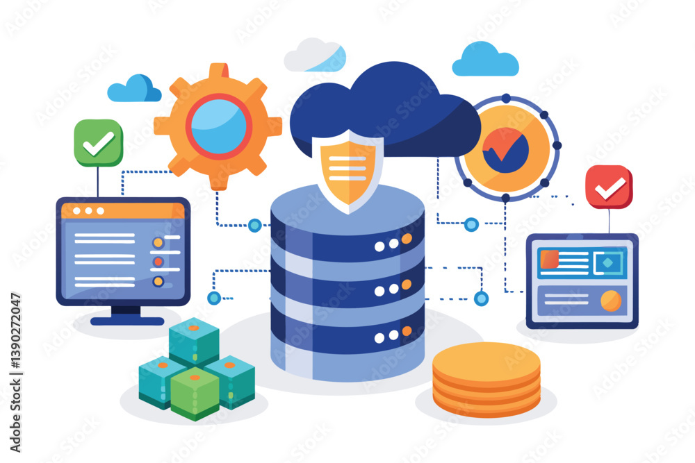 Poster illustration depicting a secure cloud database system with multiple connected devices, including a c