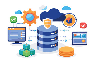 Illustration depicting a secure cloud database system with multiple connected devices, including a computer, mobile device, and data storage.