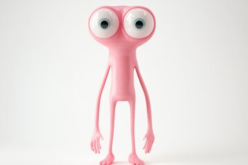 Unique pink character stands against a simple backdrop, showcasing its oversized eyes and slender limbs with a quirky expression