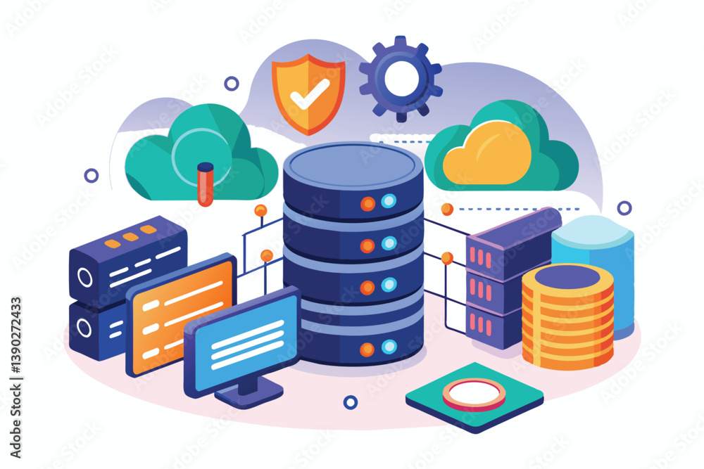 Poster illustration of a secure cloud computing system with multiple servers, data storage, and a secure lo
