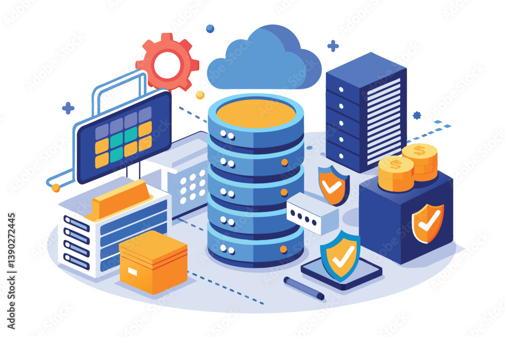 Poster illustration of a secure cloud server infrastructure with data security and protection features, inc