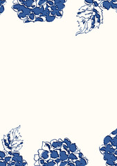 Elegant floral frame template with hand-drawn blue hydrangeas and leaves on a light background. Perfect for wedding invitations, greeting cards, posters, or botanical stationery design