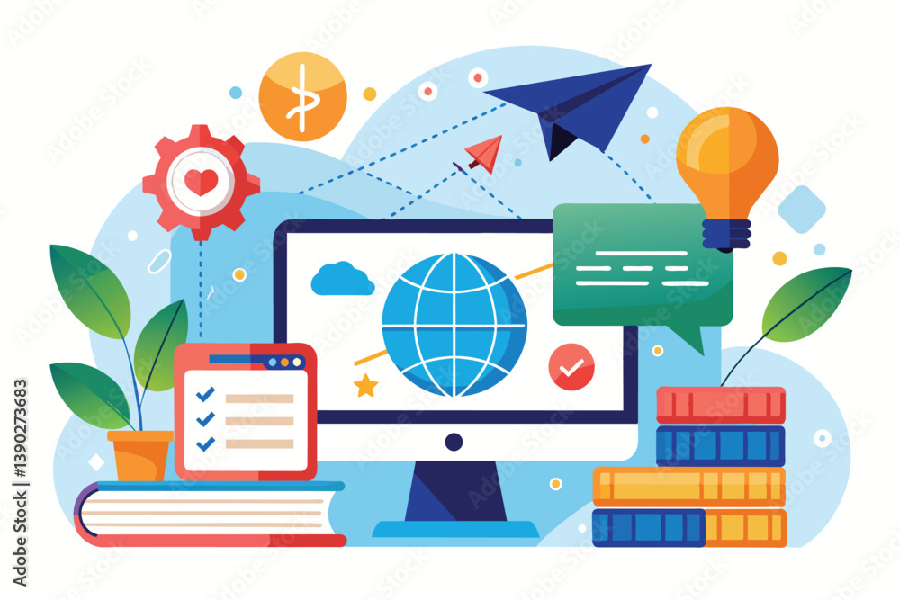 Poster a colorful illustration depicting digital learning and global connection with a computer, books, and