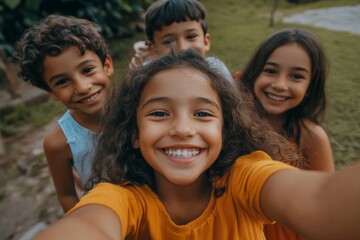 Fototapeta premium Smiling diverse group of kids taking a selfie outdoors during the day