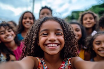 Fototapeta premium Smiling diverse group of kids taking a selfie outdoors during the day