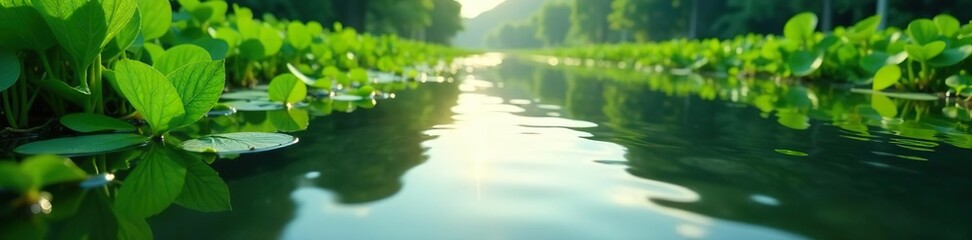 Reflection of green plants on rippling water with a road vanishing in the distance,  outdoor,  tranquil