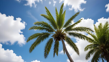 Obraz premium A beautiful view looking up at palm trees and puffy clouds in a bright blue sky.