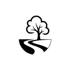 Minimalist Black Tree and Road Logo, Nature, Environment, Travel