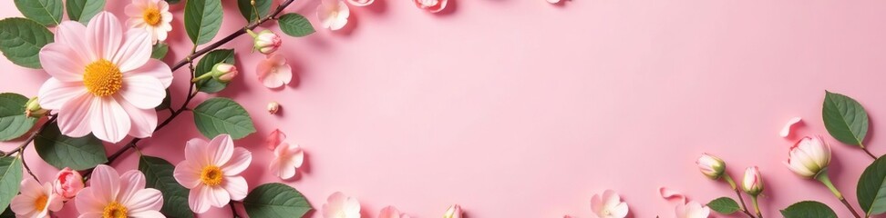 Round frame created with delicate flower petals and lush green leaves on a soft pastel pink background,  soft,  artistic